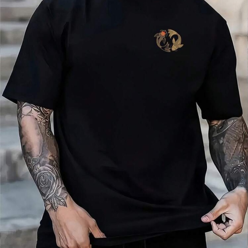 Men's Fashion Printed Loose Short Sleeve T-Shirt, Ying and Yang  Koi Fish